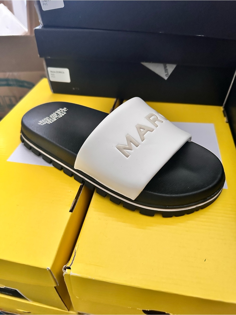Marc Jacobs Black & White Embossed Logo Slide Sandal